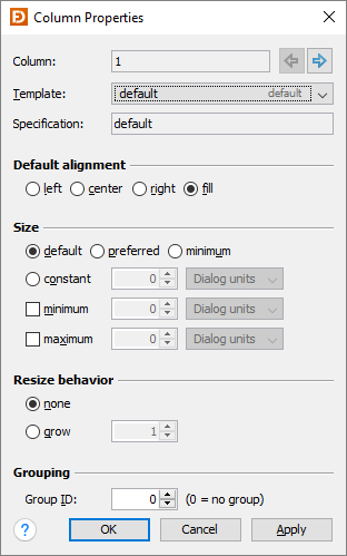 FormLayout column properties