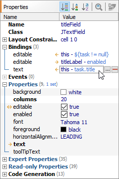 Bindings in Properties view